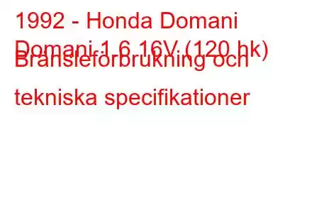 1992 - Honda Domani
Domani 1.6 16V (120 hk) Bränsleförbrukning och tekniska specifikationer