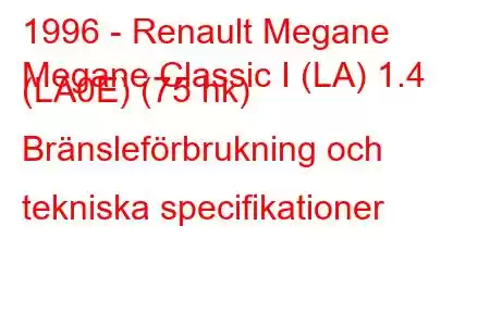 1996 - Renault Megane
Megane Classic I (LA) 1.4 (LA0E) (75 hk) Bränsleförbrukning och tekniska specifikationer