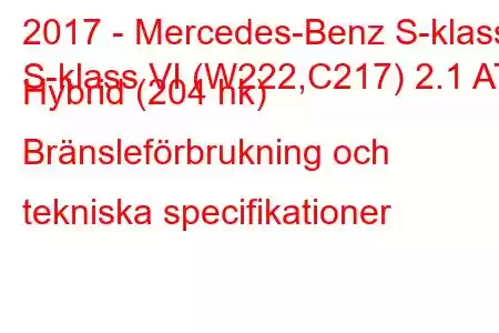 2017 - Mercedes-Benz S-klass
S-klass VI (W222,C217) 2.1 AT Hybrid (204 hk) Bränsleförbrukning och tekniska specifikationer