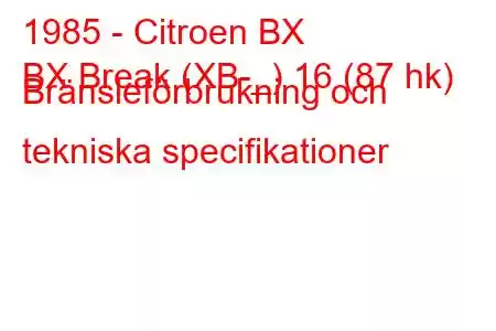 1985 - Citroen BX
BX Break (XB-_) 16 (87 hk) Bränsleförbrukning och tekniska specifikationer