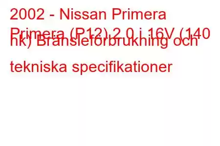 2002 - Nissan Primera
Primera (P12) 2.0 i 16V (140 hk) Bränsleförbrukning och tekniska specifikationer