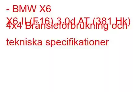 - BMW X6
X6 II (F16) 3.0d AT (381 Hk) 4x4 Bränsleförbrukning och tekniska specifikationer