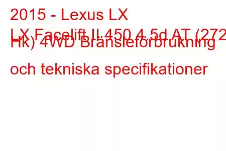 2015 - Lexus LX
LX Facelift II 450 4.5d AT (272 Hk) 4WD Bränsleförbrukning och tekniska specifikationer