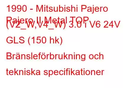 1990 - Mitsubishi Pajero
Pajero II Metal TOP (V2_W,V4_W) 3.0 i V6 24V GLS (150 hk) Bränsleförbrukning och tekniska specifikationer