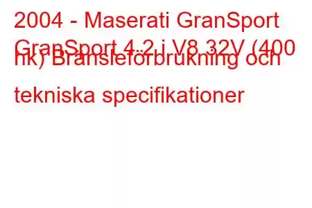 2004 - Maserati GranSport
GranSport 4.2 i V8 32V (400 hk) Bränsleförbrukning och tekniska specifikationer