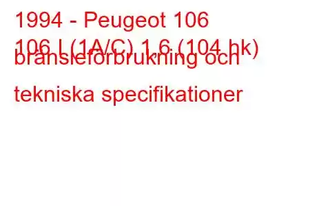 1994 - Peugeot 106
106 I (1A/C) 1,6 (104 hk) bränsleförbrukning och tekniska specifikationer