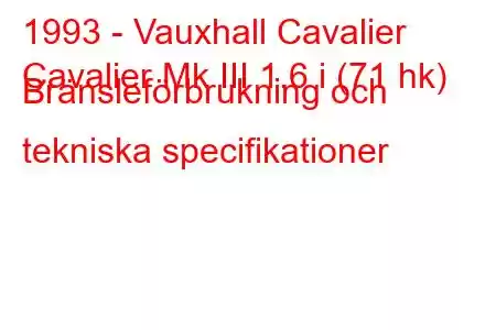 1993 - Vauxhall Cavalier
Cavalier Mk III 1.6 i (71 hk) Bränsleförbrukning och tekniska specifikationer