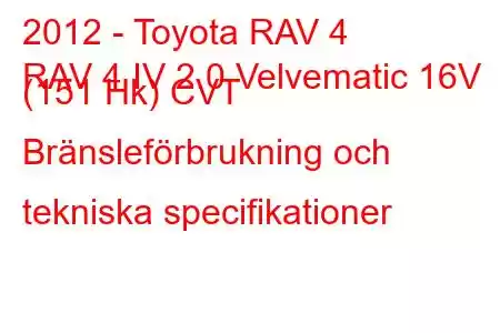 2012 - Toyota RAV 4
RAV 4 IV 2.0 Velvematic 16V (151 Hk) CVT Bränsleförbrukning och tekniska specifikationer