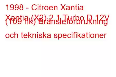 1998 - Citroen Xantia
Xantia (X2) 2.1 Turbo D 12V (109 hk) Bränsleförbrukning och tekniska specifikationer