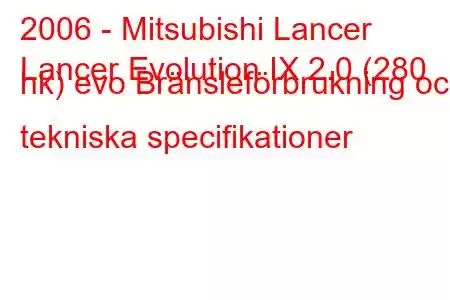 2006 - Mitsubishi Lancer
Lancer Evolution IX 2.0 (280 hk) evo Bränsleförbrukning och tekniska specifikationer