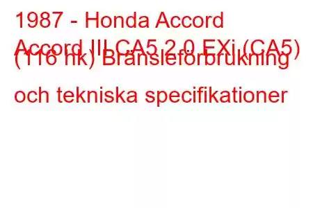 1987 - Honda Accord
Accord III CA5 2.0 EXi (CA5) (116 hk) Bränsleförbrukning och tekniska specifikationer