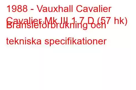 1988 - Vauxhall Cavalier
Cavalier Mk III 1.7 D (57 hk) Bränsleförbrukning och tekniska specifikationer