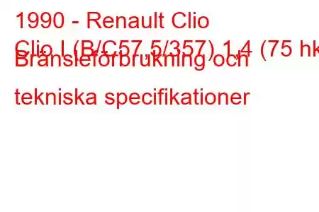 1990 - Renault Clio
Clio I (B/C57,5/357) 1,4 (75 hk) Bränsleförbrukning och tekniska specifikationer