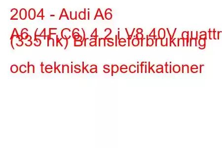 2004 - Audi A6
A6 (4F,C6) 4.2 i V8 40V quattro (335 hk) Bränsleförbrukning och tekniska specifikationer