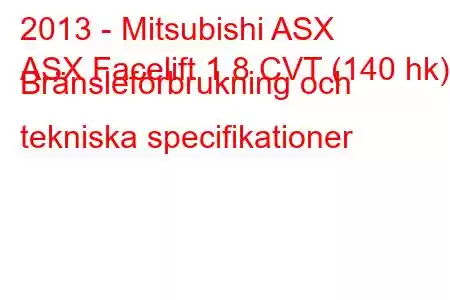 2013 - Mitsubishi ASX
ASX Facelift 1.8 CVT (140 hk) Bränsleförbrukning och tekniska specifikationer