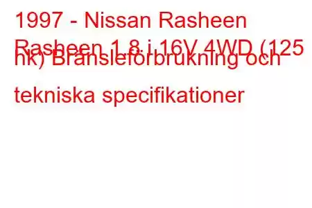 1997 - Nissan Rasheen
Rasheen 1.8 i 16V 4WD (125 hk) Bränsleförbrukning och tekniska specifikationer