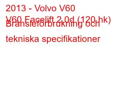 2013 - Volvo V60
V60 Facelift 2.0d (120 hk) Bränsleförbrukning och tekniska specifikationer