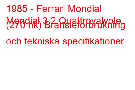 1985 - Ferrari Mondial
Mondial 3.2 Quattrovalvole (270 hk) Bränsleförbrukning och tekniska specifikationer