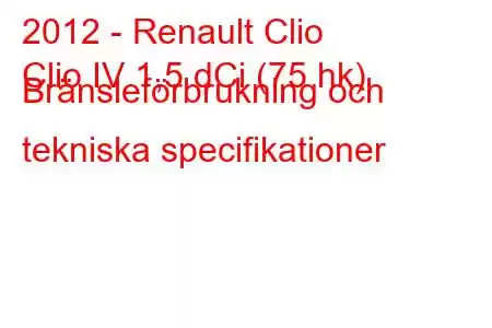 2012 - Renault Clio
Clio IV 1,5 dCi (75 hk) Bränsleförbrukning och tekniska specifikationer