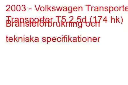 2003 - Volkswagen Transporter
Transporter T5 2,5d (174 hk) Bränsleförbrukning och tekniska specifikationer