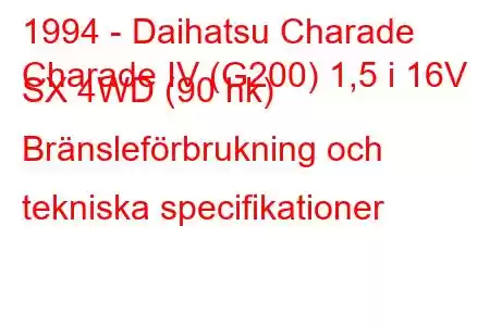 1994 - Daihatsu Charade
Charade IV (G200) 1,5 i 16V SX 4WD (90 hk) Bränsleförbrukning och tekniska specifikationer