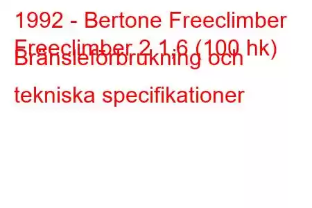 1992 - Bertone Freeclimber
Freeclimber 2 1,6 (100 hk) Bränsleförbrukning och tekniska specifikationer