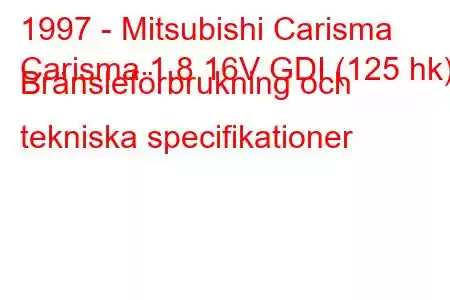 1997 - Mitsubishi Carisma
Carisma 1.8 16V GDI (125 hk) Bränsleförbrukning och tekniska specifikationer