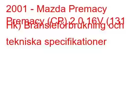 2001 - Mazda Premacy
Premacy (CP) 2.0 16V (131 Hk) Bränsleförbrukning och tekniska specifikationer