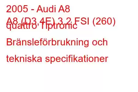 2005 - Audi A8
A8 (D3,4E) 3.2 FSI (260) quattro Tiptronic Bränsleförbrukning och tekniska specifikationer