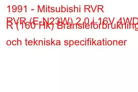 1991 - Mitsubishi RVR
RVR (E-N23W) 2.0 i 16V 4WD R (160 Hk) Bränsleförbrukning och tekniska specifikationer