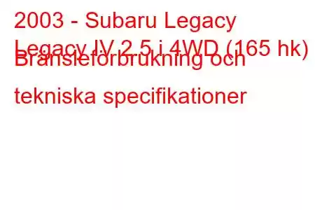 2003 - Subaru Legacy
Legacy IV 2.5 i 4WD (165 hk) Bränsleförbrukning och tekniska specifikationer