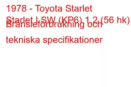 1978 - Toyota Starlet
Starlet I SW (KP6) 1,2 (56 hk) Bränsleförbrukning och tekniska specifikationer