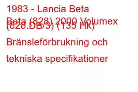 1983 - Lancia Beta
Beta (828) 2000 Volumex (828.DB/3) (135 Hk) Bränsleförbrukning och tekniska specifikationer