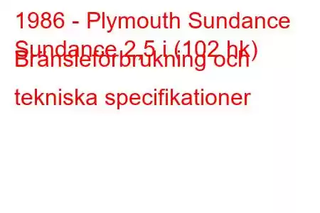 1986 - Plymouth Sundance
Sundance 2,5 i (102 hk) Bränsleförbrukning och tekniska specifikationer