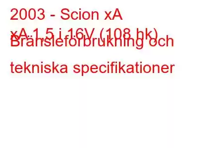 2003 - Scion xA
xA 1,5 i 16V (108 hk) Bränsleförbrukning och tekniska specifikationer