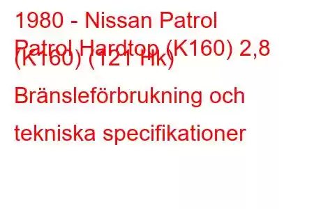 1980 - Nissan Patrol
Patrol Hardtop (K160) 2,8 (K160) (121 Hk) Bränsleförbrukning och tekniska specifikationer