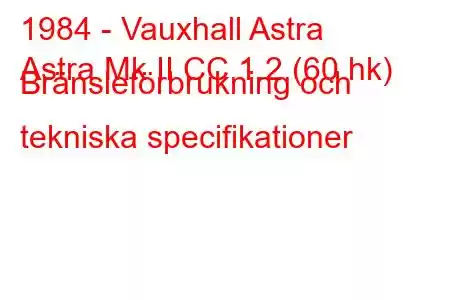 1984 - Vauxhall Astra
Astra Mk II CC 1.2 (60 hk) Bränsleförbrukning och tekniska specifikationer