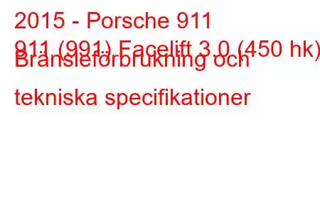 2015 - Porsche 911
911 (991) Facelift 3.0 (450 hk) Bränsleförbrukning och tekniska specifikationer