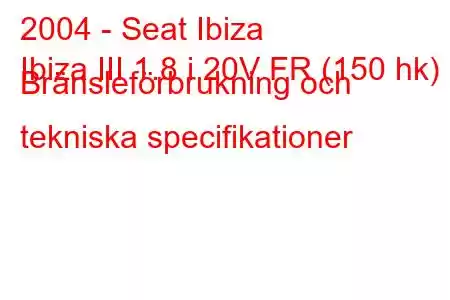 2004 - Seat Ibiza
Ibiza III 1.8 i 20V FR (150 hk) Bränsleförbrukning och tekniska specifikationer