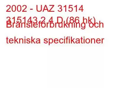 2002 - UAZ 31514
315143 2,4 D (86 hk) Bränsleförbrukning och tekniska specifikationer