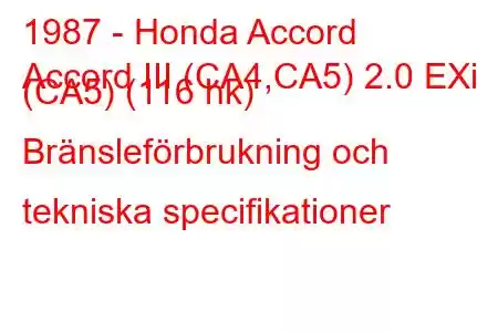 1987 - Honda Accord
Accord III (CA4,CA5) 2.0 EXi (CA5) (116 hk) Bränsleförbrukning och tekniska specifikationer