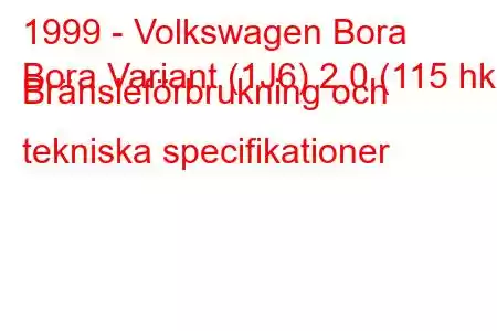 1999 - Volkswagen Bora
Bora Variant (1J6) 2.0 (115 hk) Bränsleförbrukning och tekniska specifikationer