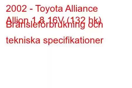 2002 - Toyota Alliance
Allion 1.8 16V (132 hk) Bränsleförbrukning och tekniska specifikationer