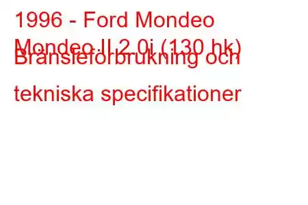 1996 - Ford Mondeo
Mondeo II 2.0i (130 hk) Bränsleförbrukning och tekniska specifikationer