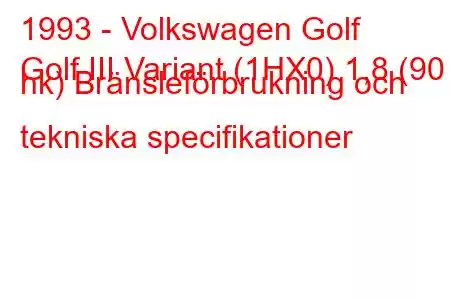 1993 - Volkswagen Golf
Golf III Variant (1HX0) 1,8 (90 hk) Bränsleförbrukning och tekniska specifikationer