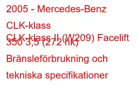 2005 - Mercedes-Benz CLK-klass
CLK-klass II (W209) Facelift 350 3,5 (272 hk) Bränsleförbrukning och tekniska specifikationer