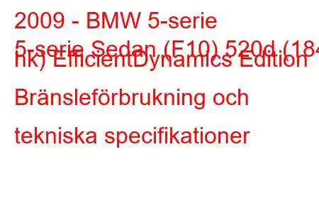 2009 - BMW 5-serie
5-serie Sedan (F10) 520d (184 hk) EfficientDynamics Edition Bränsleförbrukning och tekniska specifikationer