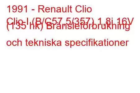 1991 - Renault Clio
Clio I (B/C57,5/357) 1,8i 16V (135 hk) Bränsleförbrukning och tekniska specifikationer