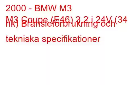 2000 - BMW M3
M3 Coupe (E46) 3,2 i 24V (343 hk) Bränsleförbrukning och tekniska specifikationer