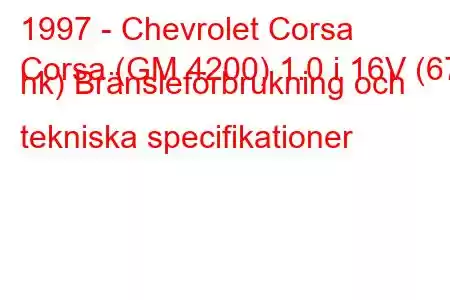 1997 - Chevrolet Corsa
Corsa (GM 4200) 1.0 i 16V (67 hk) Bränsleförbrukning och tekniska specifikationer